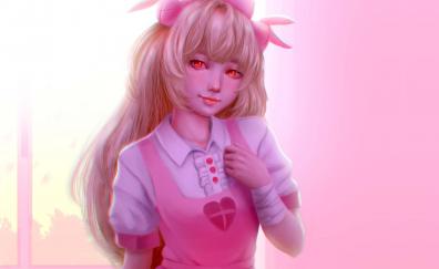 Pink dress, cute, anime girl, red eyes, art