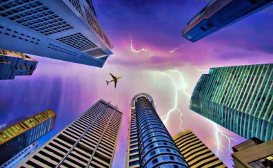 Skyscrapers, lighting, airplane, clouds, photoshop