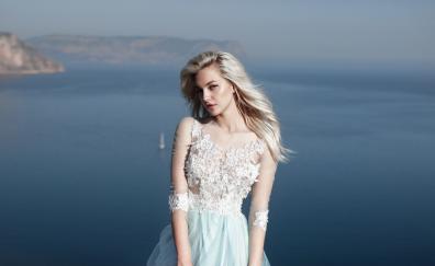 Beautiful, woman, white dress, outdoor