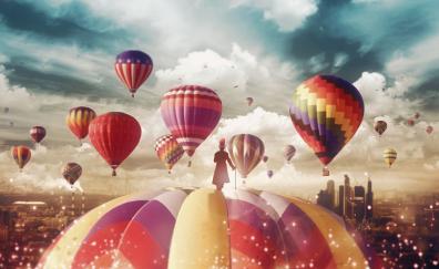 Magician, hot air balloons, ride, fantasy, surreal