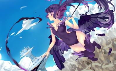 Original, anime girl, flight, black angel
