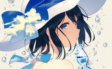 Hat, water drops, anime girl, cute