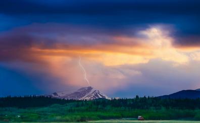 Lightning, mountains, clouds, nature