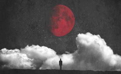 Man and red moon, full moon, clouds, fantasy, silhouette