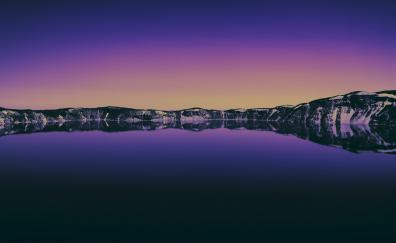 Lake, mountains, reflections, horizon, sunset, nature