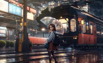 Rainy day, anime girl, walking through the city, looking back