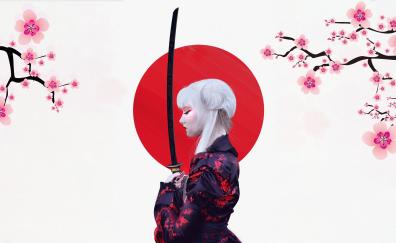 Girl warrior, samurai, Cherry Blossom, art