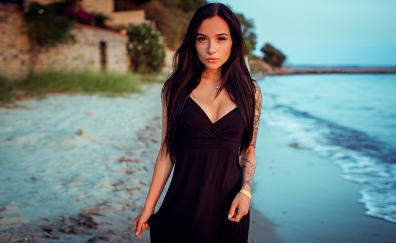 Black dress, pretty, seashore, girl model