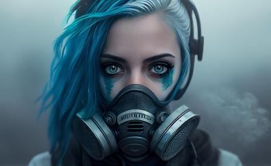 Woman in gas mask, blue hair