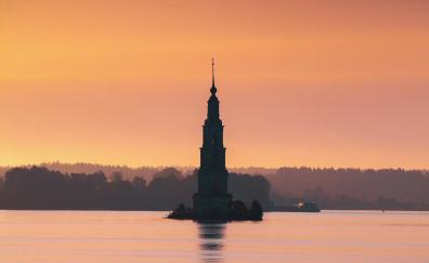 Tower, silhouette, lake, sunset