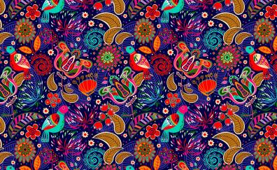 Pattern, colorful, birds, leaf, flowers