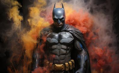 Batman, colourful smoke, bold hero