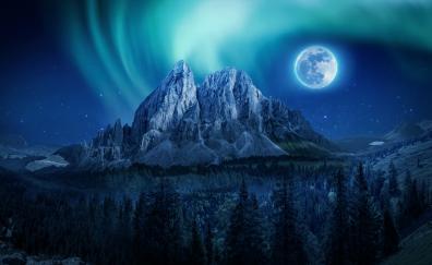 Mountain, Aurora, moon, night