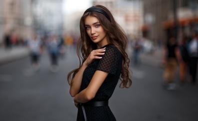 Black dress, pretty, long hair, woman model