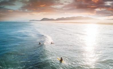 Tide, surfers, sea, aerial shot, sunset