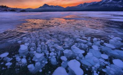 Frozen lake, icebergs, small, glacier, sunset