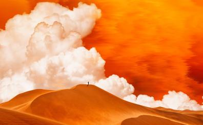 Coming out of sand storm, dunes, white clouds, desert, art