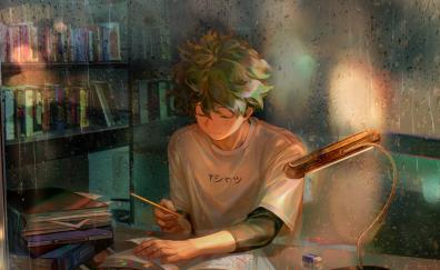 Homework, green hair, anime boy, art, Izuku Midoriya