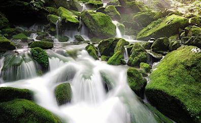 Rocks, moss, water stream, nature