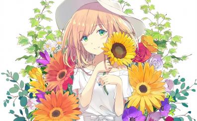Cute, anime girl, flowers