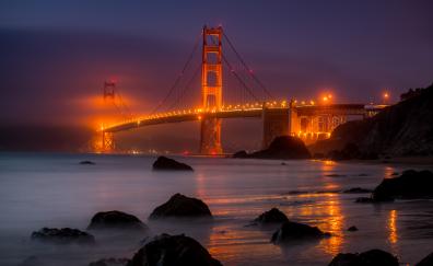 Golden Gate Bridge, San Francisco, yellow lights, night