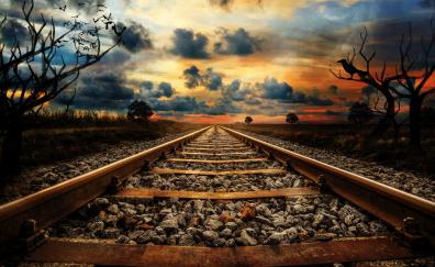 Railway line, railroad, stones, sunset, clouds
