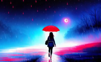 Walk-in rail, a girl with red umbrella, digital art