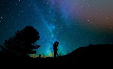 Couple, romantic night, silhouette, starry sky
