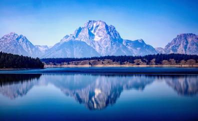 Lake, reflections, mountains, calm, sunny day