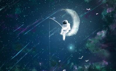 Artwork, astronaut, moon, fishing