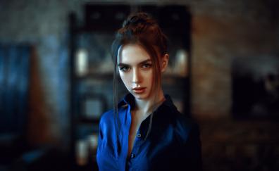 Portrait, woman, blue shirt, brunette, blur