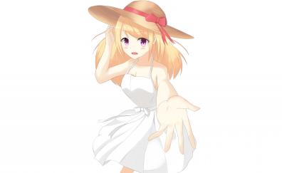 Cute, anime girl, blonde, hat, summer