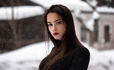 Snowfall, woman model, red lips, portrait