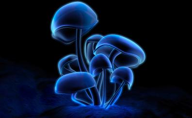 Fluorescence, glowing mushroom, dark, art