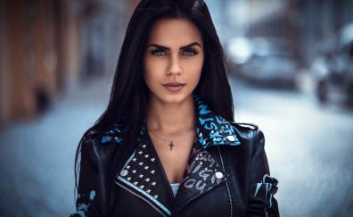 Leather jacket, beautiful, girl model, brunette