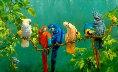 Parrot, birds, art, colorful