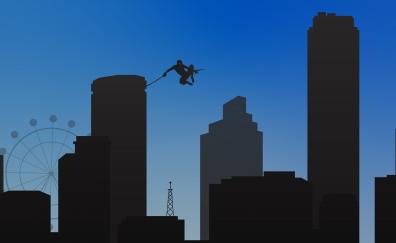 Spiderman, swing in city, minimal