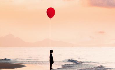 Kid with red ballon, at seashore, art