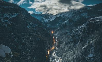 Highway through mountains, valley, aerial view