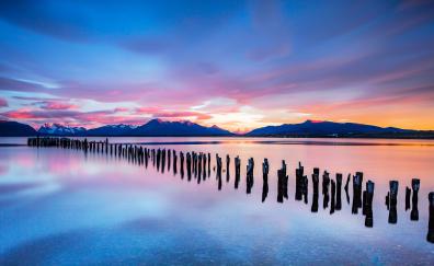 Pier poles, sunset, lake, nature
