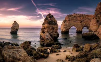 Rocks, coast, sunset, arch