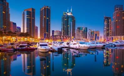 Dubai, buildings, cityscape, boats, harbor, reflections