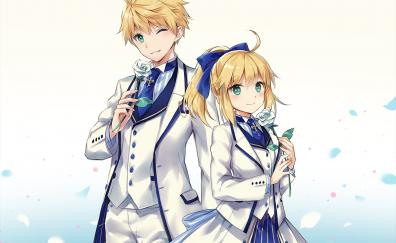 Fate/grand order, anime girl and boy, Saber, suit