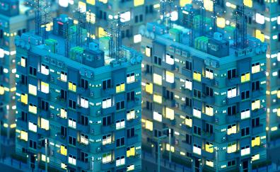 Blue buildings, modern city, digital art