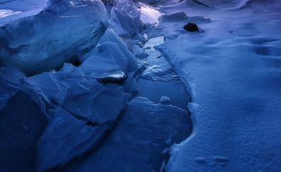 Water current, snow layer, glacier, sunset, landscape