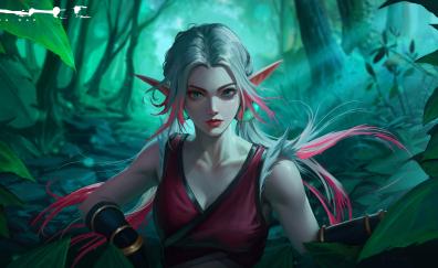 Beautiful elf girl, white-pink hair, fantasy