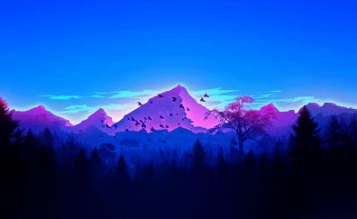 Mountain, peaks, birds, horizon, digital art