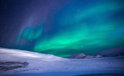 Aurora, green sky, northern light, glacier