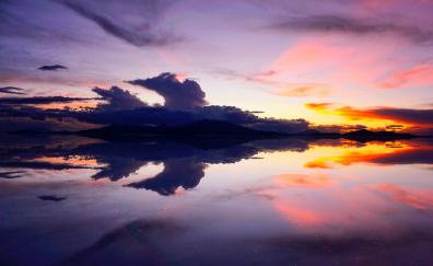 Clouds, lake and sky, sunset, reflections, dark
