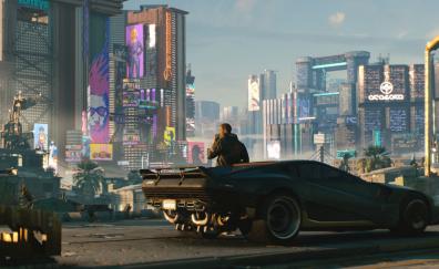 Cyberpunk 2077, man with future car, video game